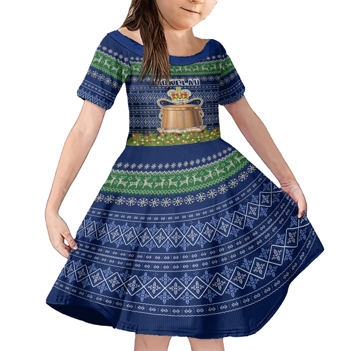 Tokelau Christmas Kid Short Sleeve Dress Coat of Arms and Map Beautiful Merry Xmas Snowflake LT03 KID Blue - Polynesian Pride