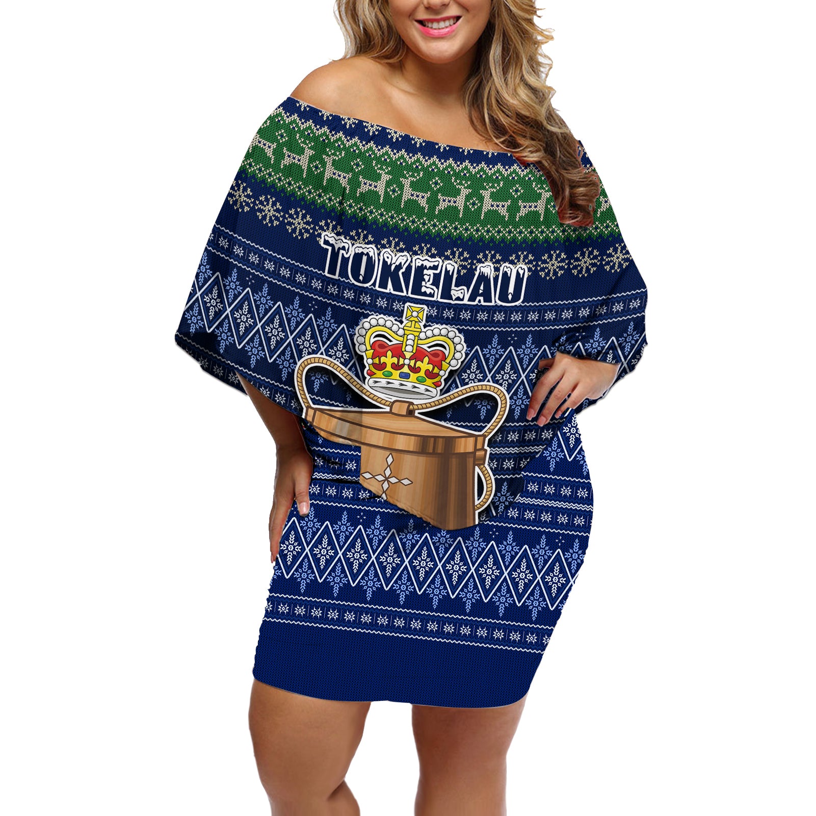 tokelau-christmas-off-shoulder-short-dress-coat-of-arms-and-map-beautiful-merry-xmas-snowflake