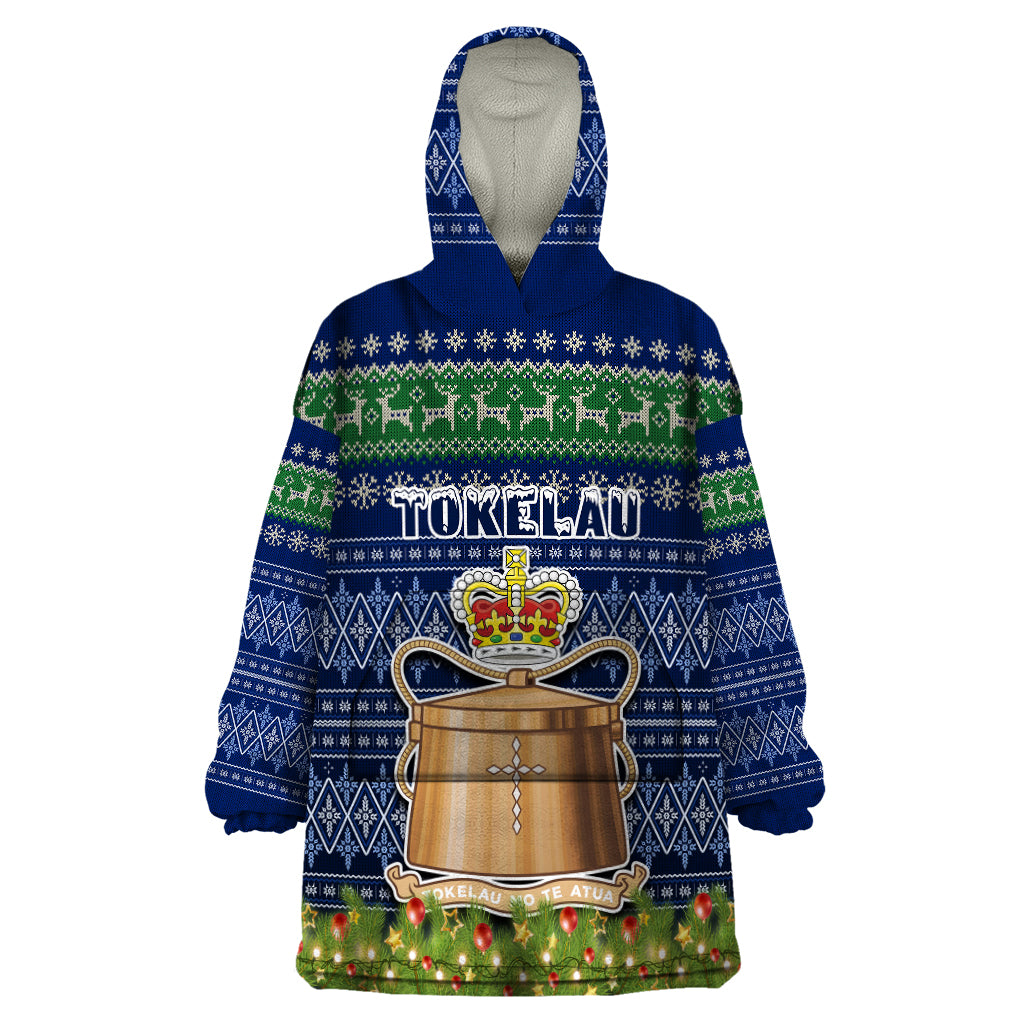 Tokelau Christmas Wearable Blanket Hoodie Coat of Arms and Map Beautiful Merry Xmas Snowflake LT03 One Size Blue - Polynesian Pride