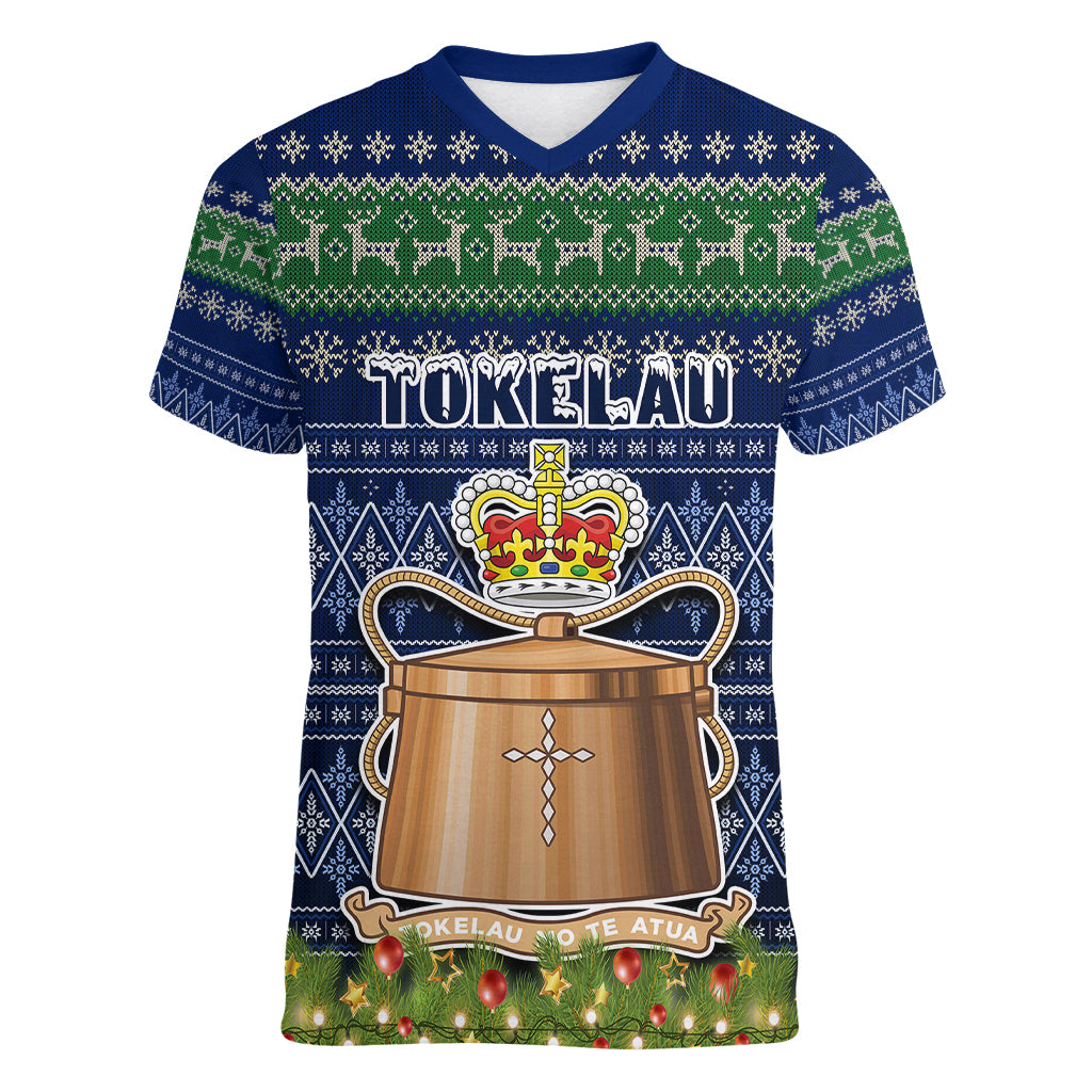 tokelau-christmas-women-v-neck-t-shirt-coat-of-arms-and-map-beautiful-merry-xmas-snowflake