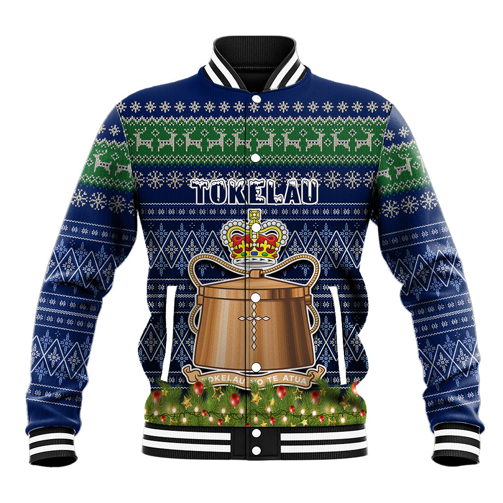 Personalised Tokelau Christmas Baseball Jacket Coat of Arms and Map Beautiful Merry Xmas Snowflake LT03 Unisex Blue - Polynesian Pride