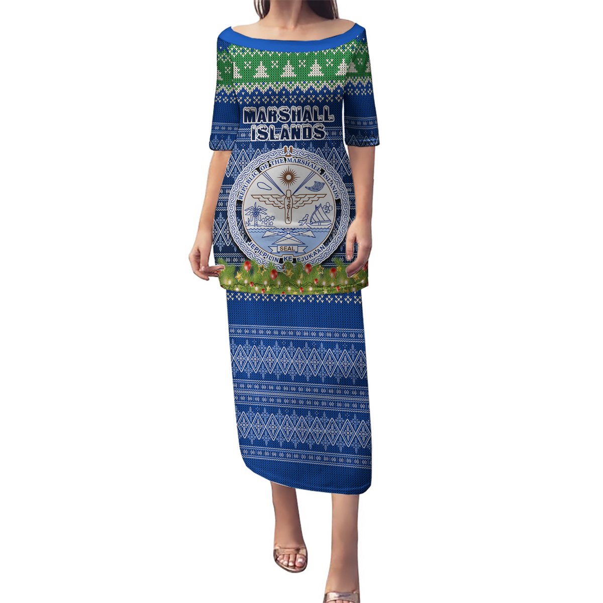 Personalised Marshall Islands Christmas Puletasi Coat of Arms and Map Beautiful Merry Xmas Snowflake LT03 Long Dress Blue - Polynesian Pride