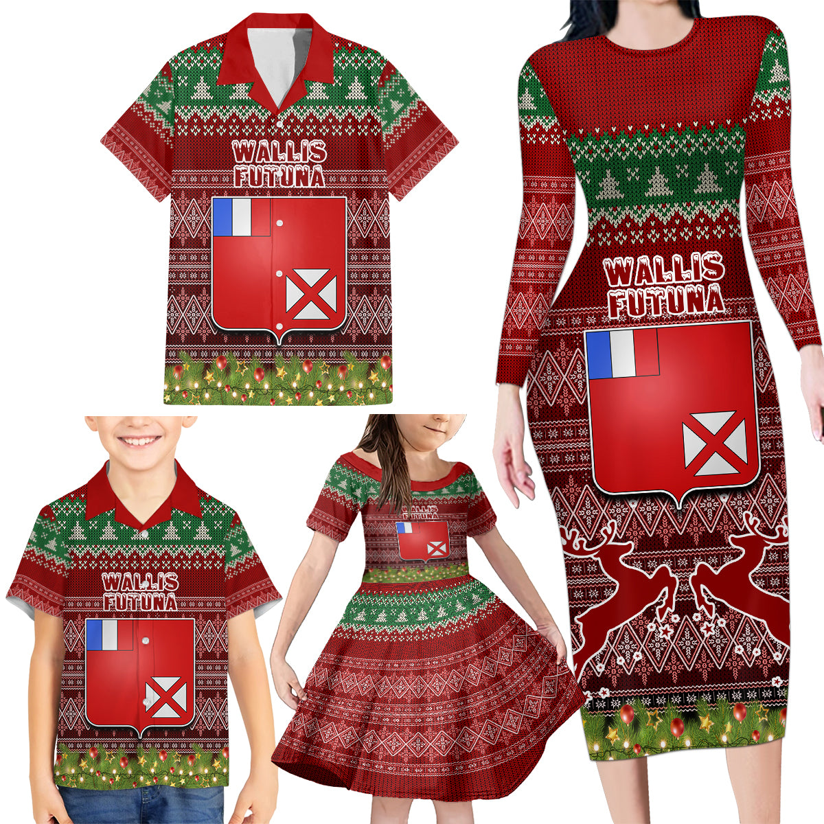 wallis-and-futuna-christmas-family-matching-long-sleeve-bodycon-dress-and-hawaiian-shirt-coat-of-arms-and-map-beautiful-merry-xmas-snowflake