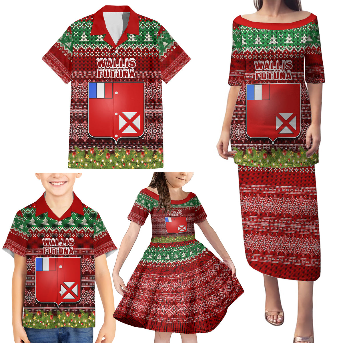 wallis-and-futuna-christmas-family-matching-puletasi-dress-and-hawaiian-shirt-coat-of-arms-and-map-beautiful-merry-xmas-snowflake