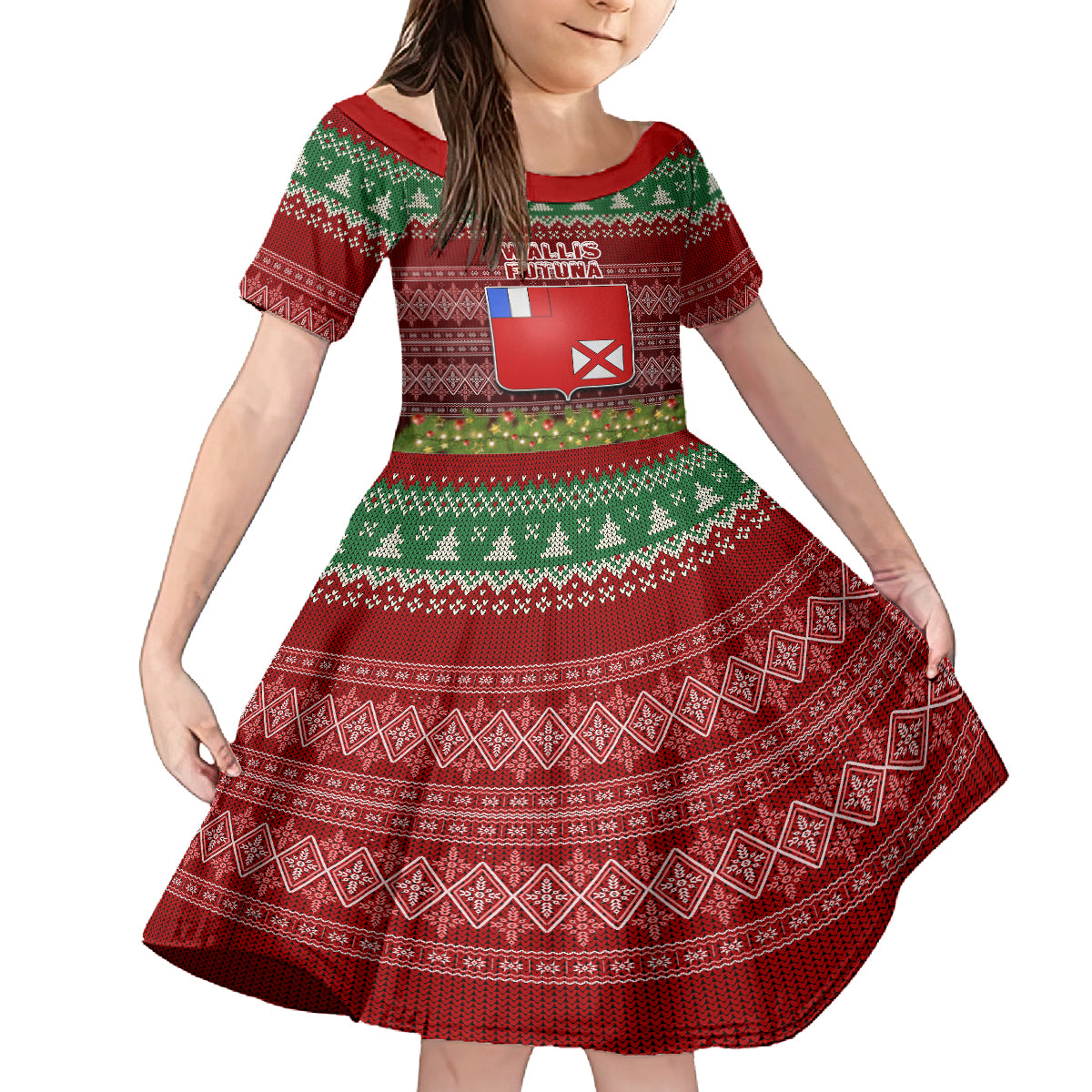Personalised Wallis and Futuna Christmas Kid Short Sleeve Dress Coat of Arms and Map Beautiful Merry Xmas Snowflake LT03 KID Red - Polynesian Pride