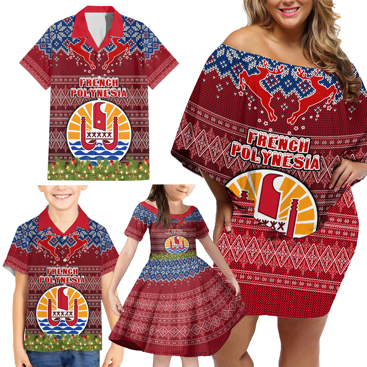 french-polynesia-christmas-family-matching-off-shoulder-short-dress-and-hawaiian-shirt-coat-of-arms-and-map-beautiful-merry-xmas-snowflake