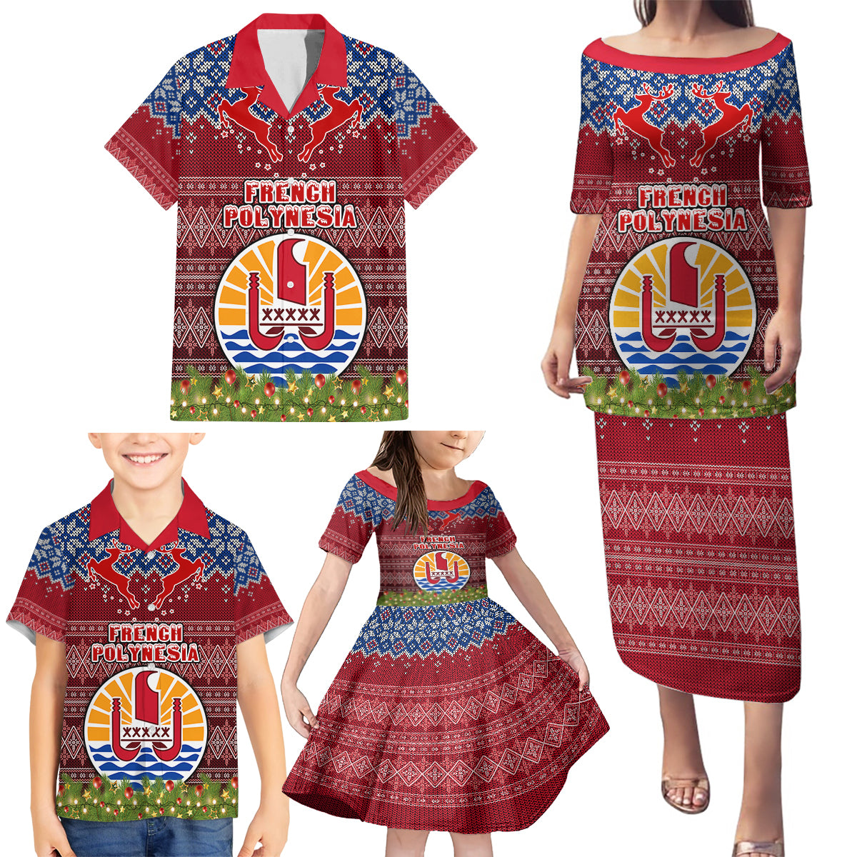 French Polynesia Christmas Family Matching Puletasi Dress and Hawaiian Shirt Coat of Arms and Map Beautiful Merry Xmas Snowflake LT03 - Polynesian Pride