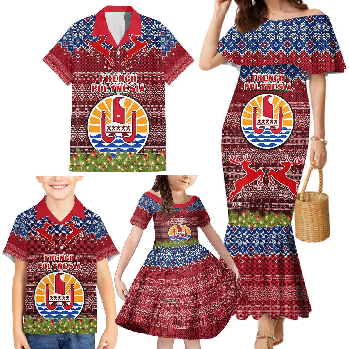 personalised-french-polynesia-christmas-family-matching-mermaid-dress-and-hawaiian-shirt-coat-of-arms-and-map-beautiful-merry-xmas-snowflake