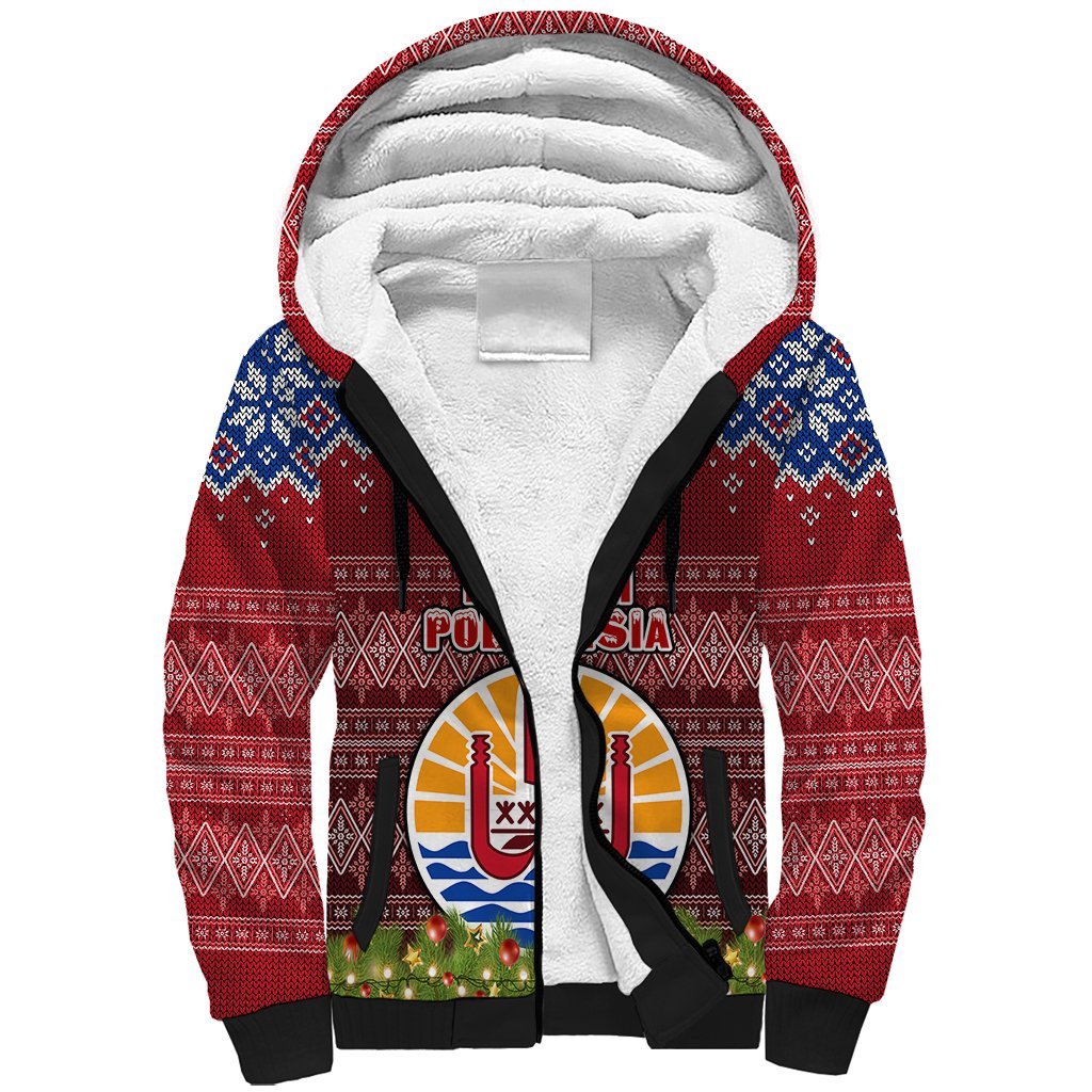 Personalised French Polynesia Christmas Sherpa Hoodie Coat of Arms and Map Beautiful Merry Xmas Snowflake LT03 Unisex Red - Polynesian Pride