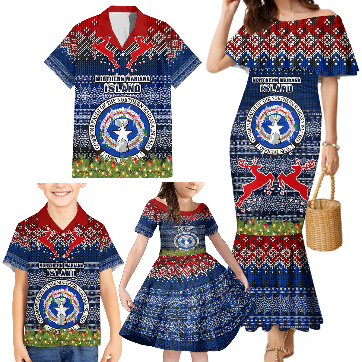 personalised-northern-mariana-islands-christmas-family-matching-mermaid-dress-and-hawaiian-shirt-coat-of-arms-and-map-beautiful-merry-xmas-snowflake