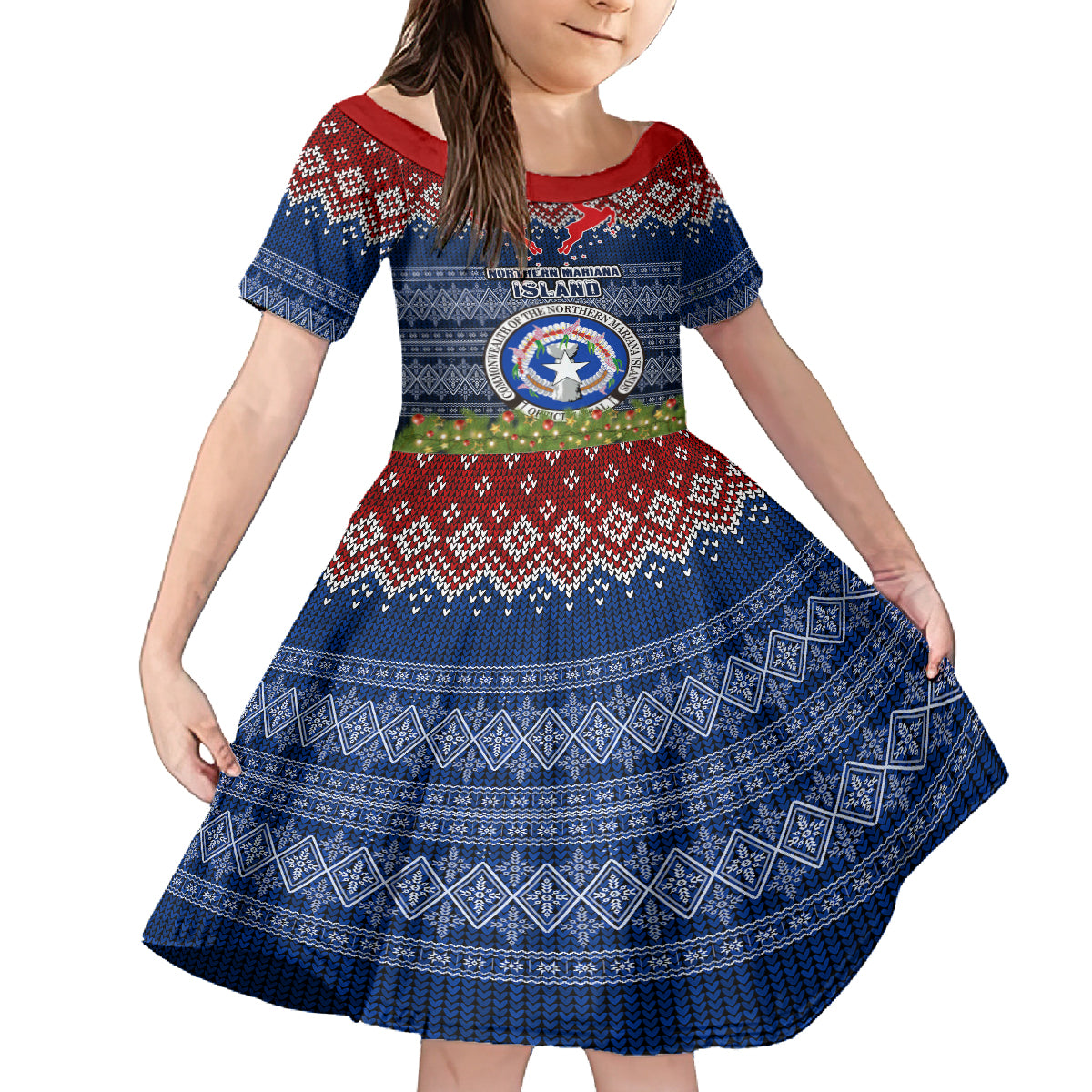 Personalised Northern Mariana Islands Christmas Kid Short Sleeve Dress Coat of Arms and Map Beautiful Merry Xmas Snowflake LT03 KID Blue - Polynesian Pride