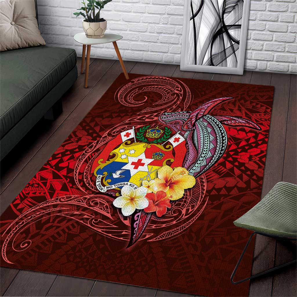 Tonga Humpback Whale Area Rug National Seal with Hibiscus and Polynesian Tattoo LT03 Red - Polynesian Pride