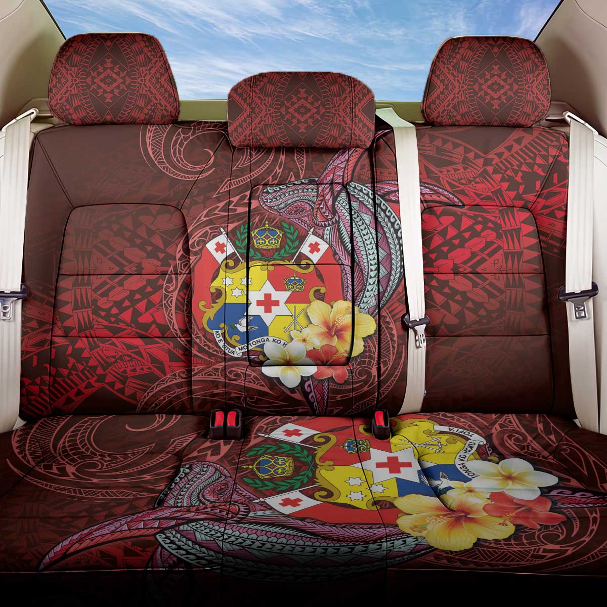 Tonga Humpback Whale Back Car Seat Cover National Seal with Hibiscus and Polynesian Tattoo LT03 One Size Red - Polynesian Pride