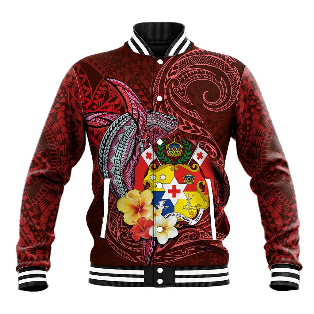 Tonga Humpback Whale Baseball Jacket National Seal with Hibiscus and Polynesian Tattoo LT03 Unisex Red - Polynesian Pride