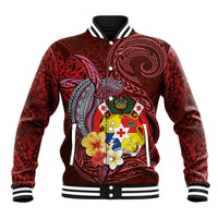 Tonga Humpback Whale Baseball Jacket National Seal with Hibiscus and Polynesian Tattoo LT03 Unisex Red - Polynesian Pride