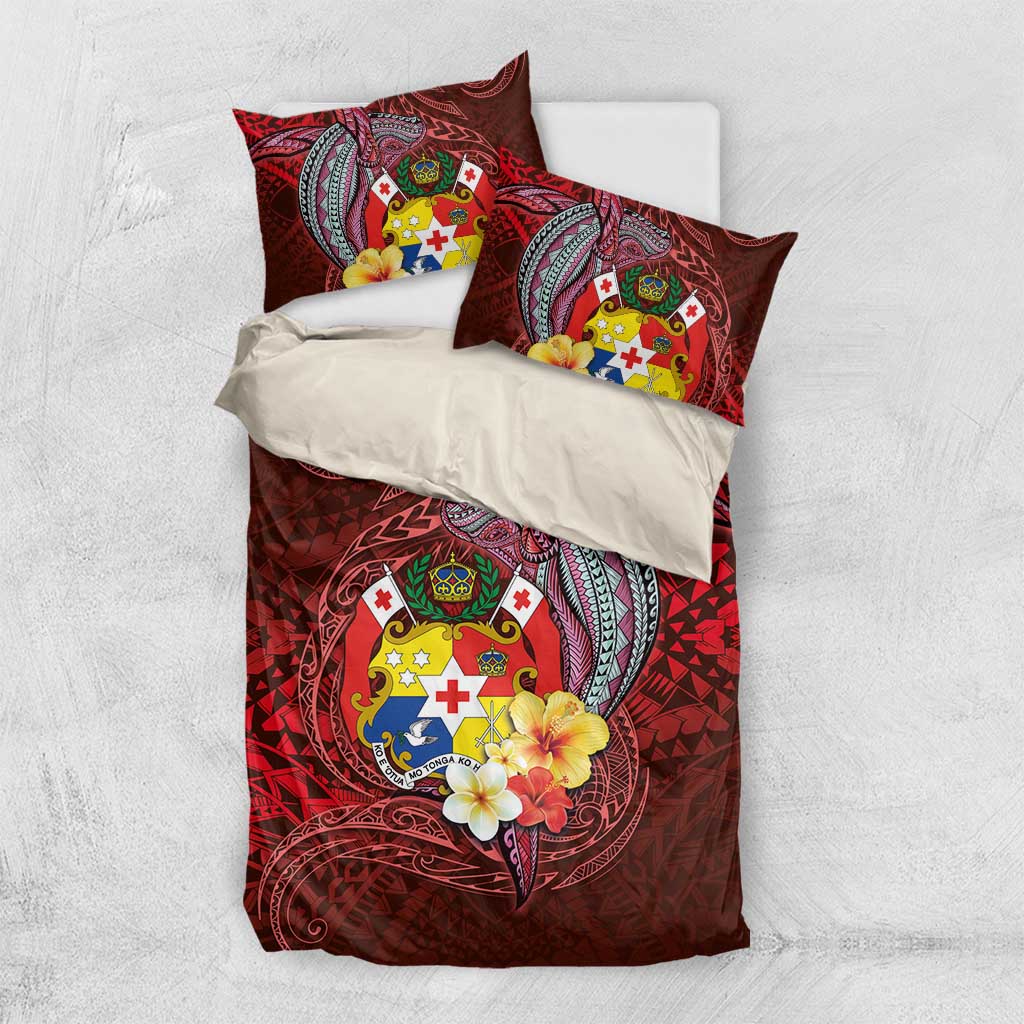 Tonga Humpback Whale Bedding Set National Seal with Hibiscus and Polynesian Tattoo LT03 US Twin 172cm x 218cm Red - Polynesian Pride