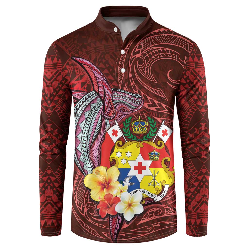 Tonga Humpback Whale Button Sweatshirt National Seal with Hibiscus and Polynesian Tattoo LT03 Red - Polynesian Pride
