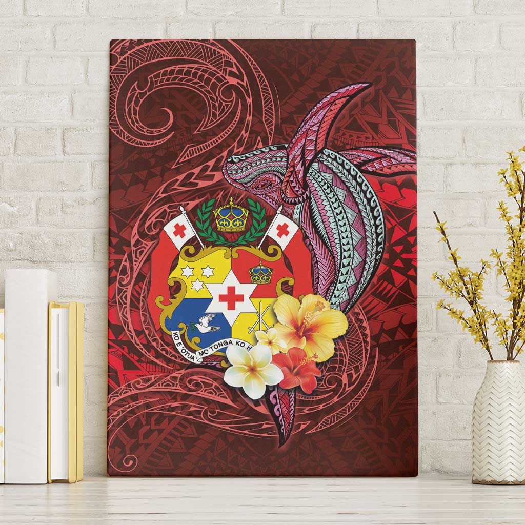Tonga Humpback Whale Canvas Wall Art National Seal with Hibiscus and Polynesian Tattoo LT03 Without Frame Red - Polynesian Pride