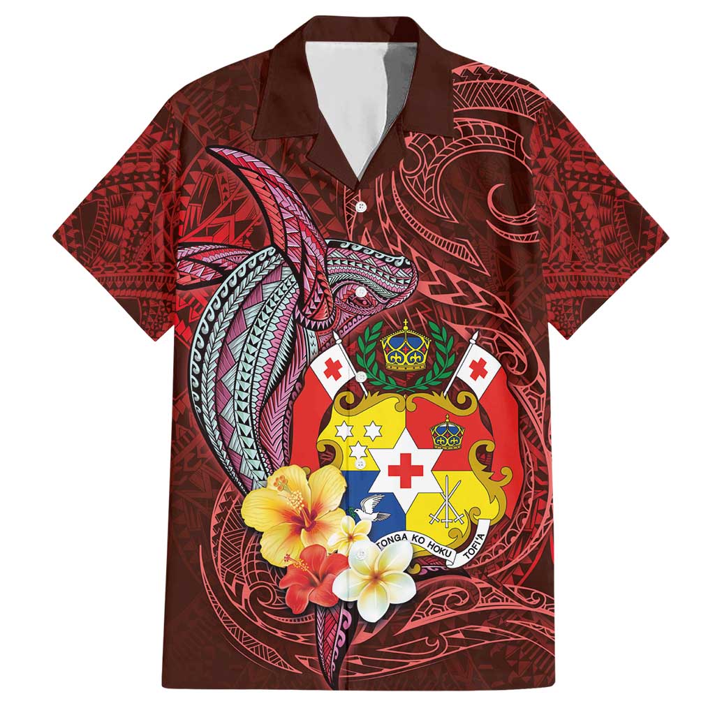 Tonga Humpback Whale Hawaiian Shirt National Seal with Hibiscus and Polynesian Tattoo LT03 Red - Polynesian Pride