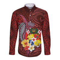 Tonga Humpback Whale Long Sleeve Button Shirt National Seal with Hibiscus and Polynesian Tattoo LT03 Unisex Red - Polynesian Pride