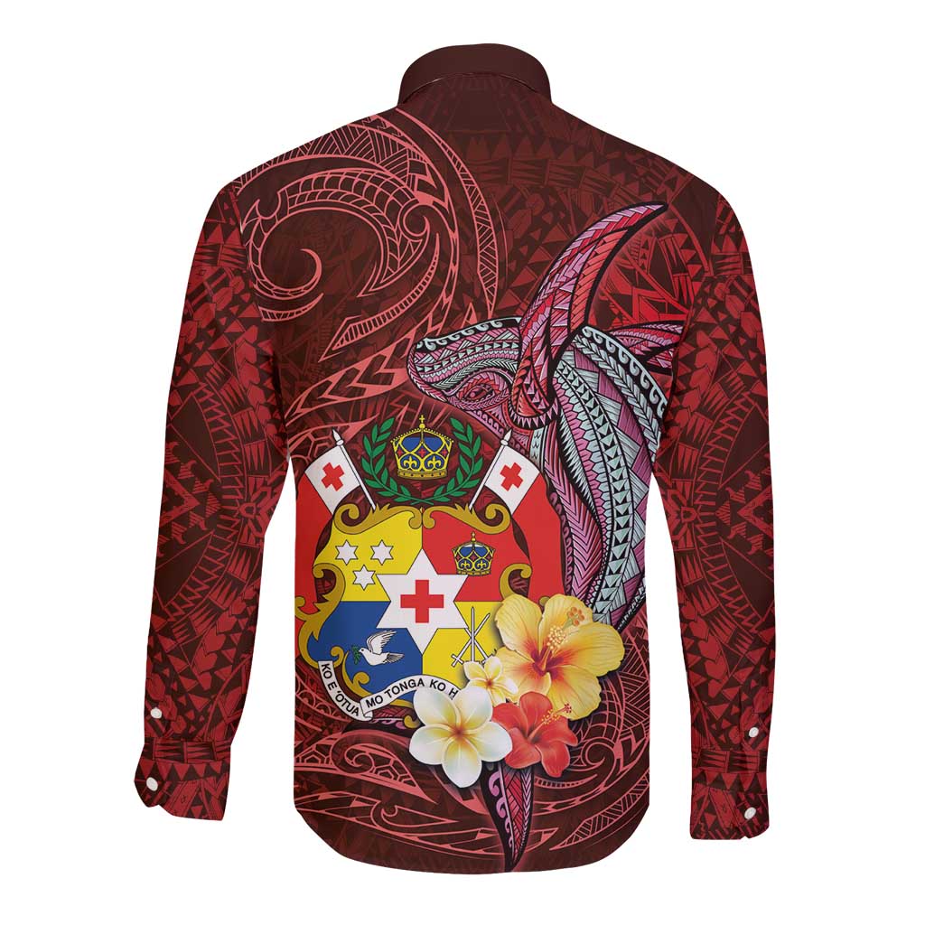 Tonga Humpback Whale Long Sleeve Button Shirt National Seal with Hibiscus and Polynesian Tattoo LT03 - Polynesian Pride