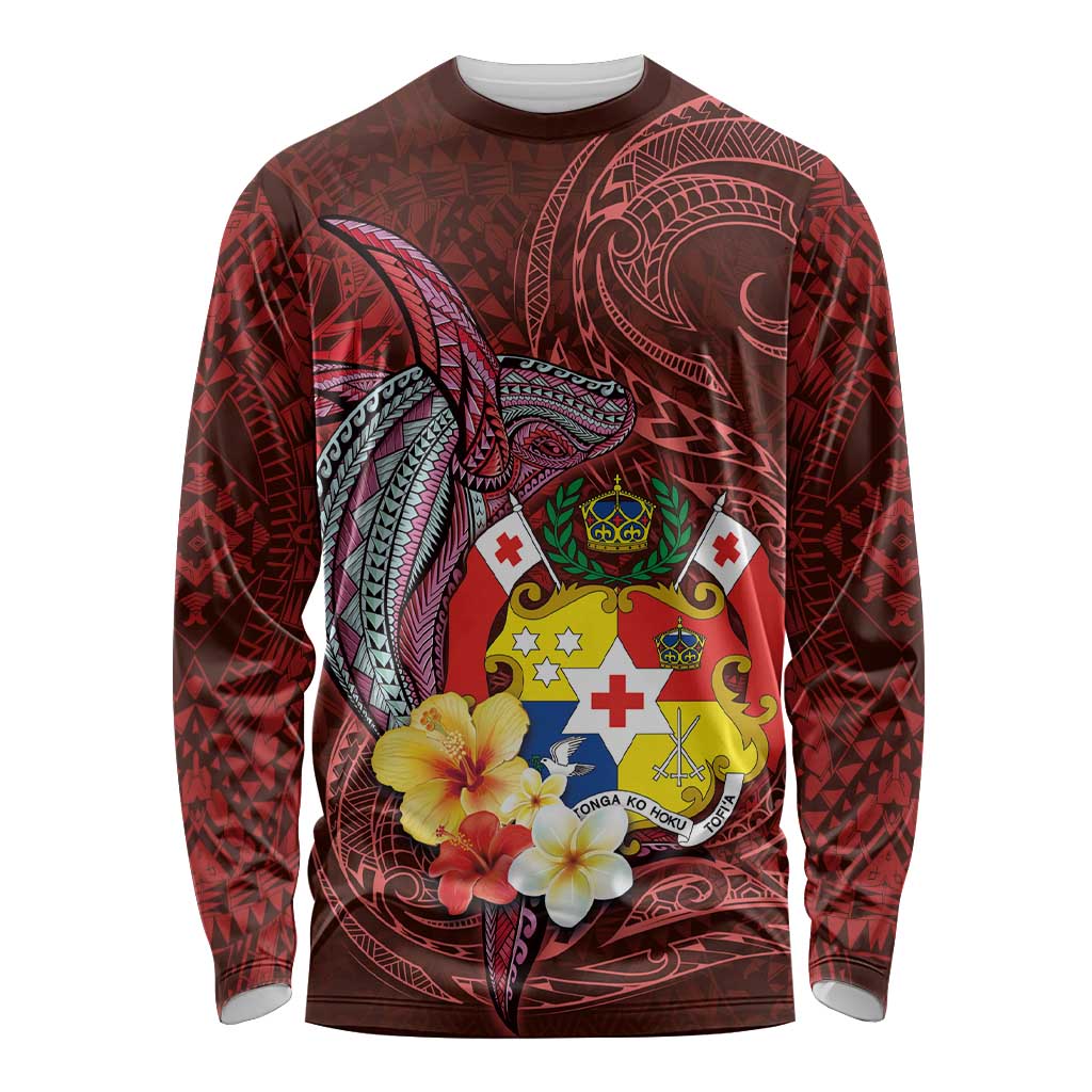 Tonga Humpback Whale Long Sleeve Shirt National Seal with Hibiscus and Polynesian Tattoo LT03 Unisex Red - Polynesian Pride