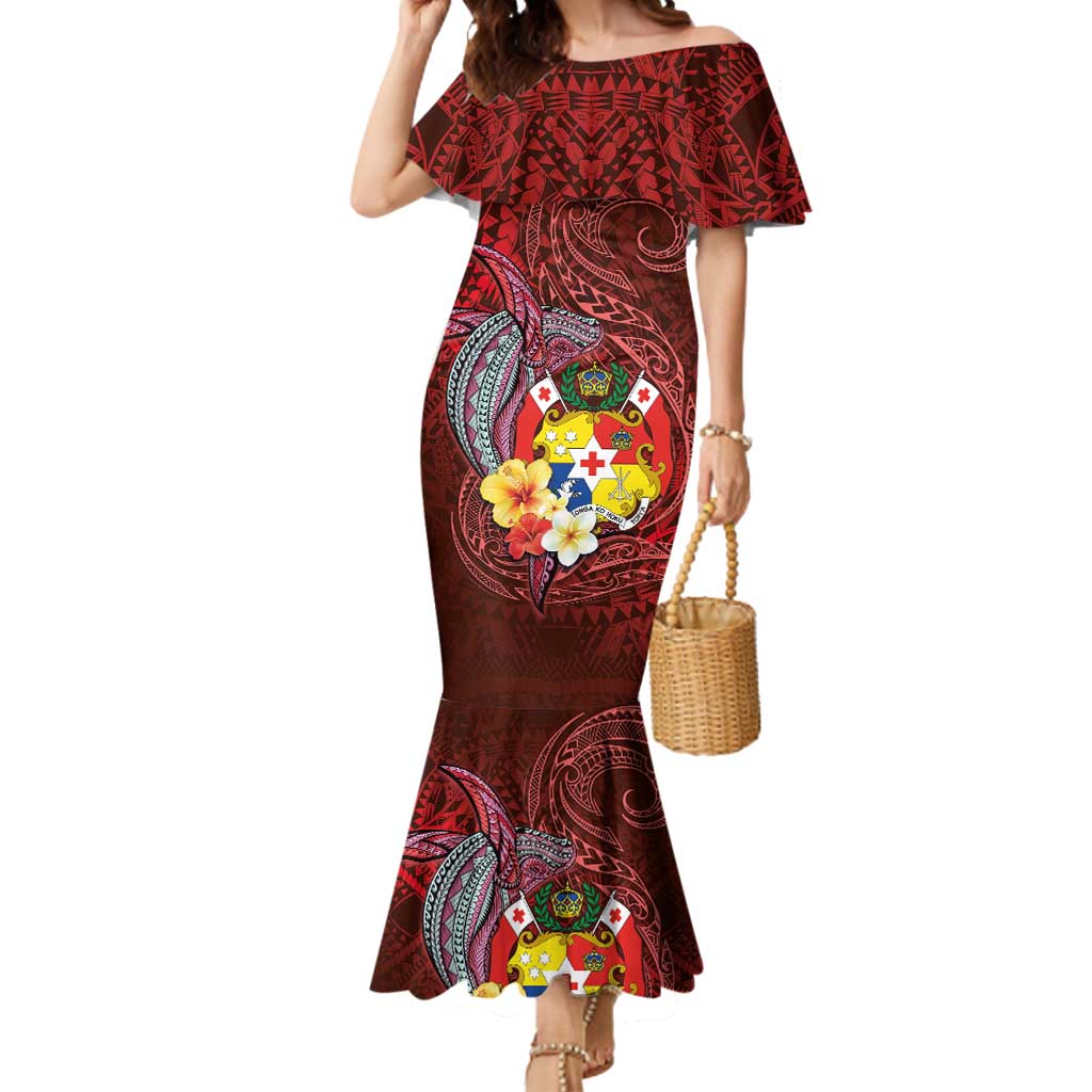 Tonga Humpback Whale Mermaid Dress National Seal with Hibiscus and Polynesian Tattoo LT03 Women Red - Polynesian Pride