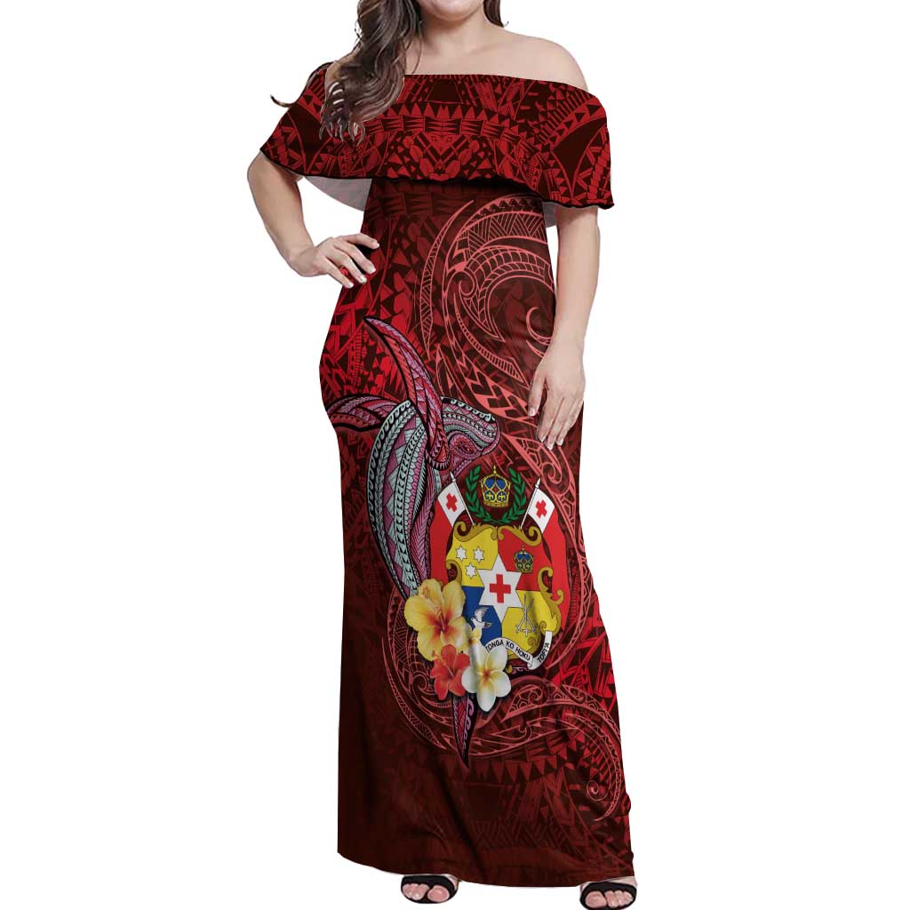 Tonga Humpback Whale Off Shoulder Maxi Dress National Seal with Hibiscus and Polynesian Tattoo LT03 Women Red - Polynesian Pride