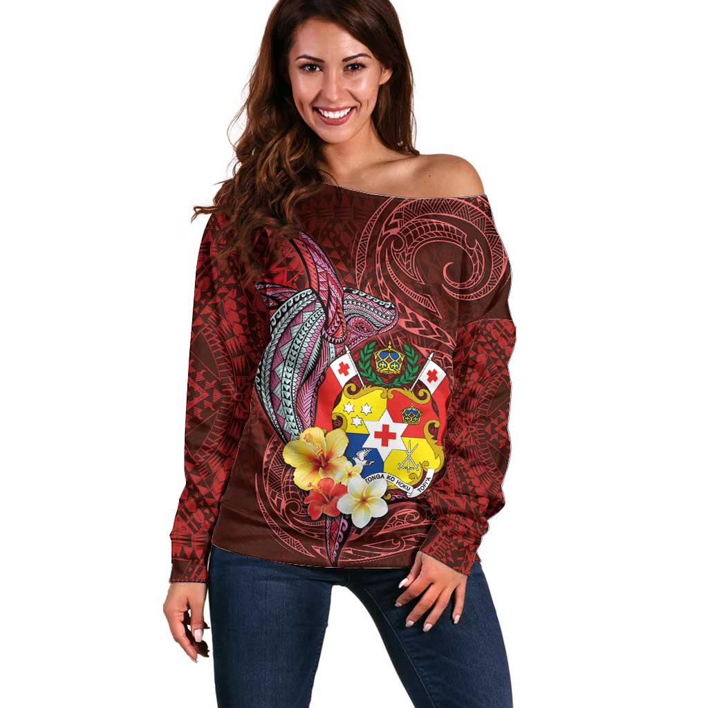 Tonga Humpback Whale Off Shoulder Sweater National Seal with Hibiscus and Polynesian Tattoo LT03 Women Red - Polynesian Pride