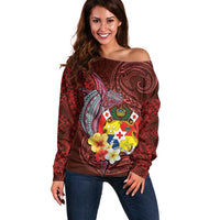 Tonga Humpback Whale Off Shoulder Sweater National Seal with Hibiscus and Polynesian Tattoo LT03 Women Red - Polynesian Pride