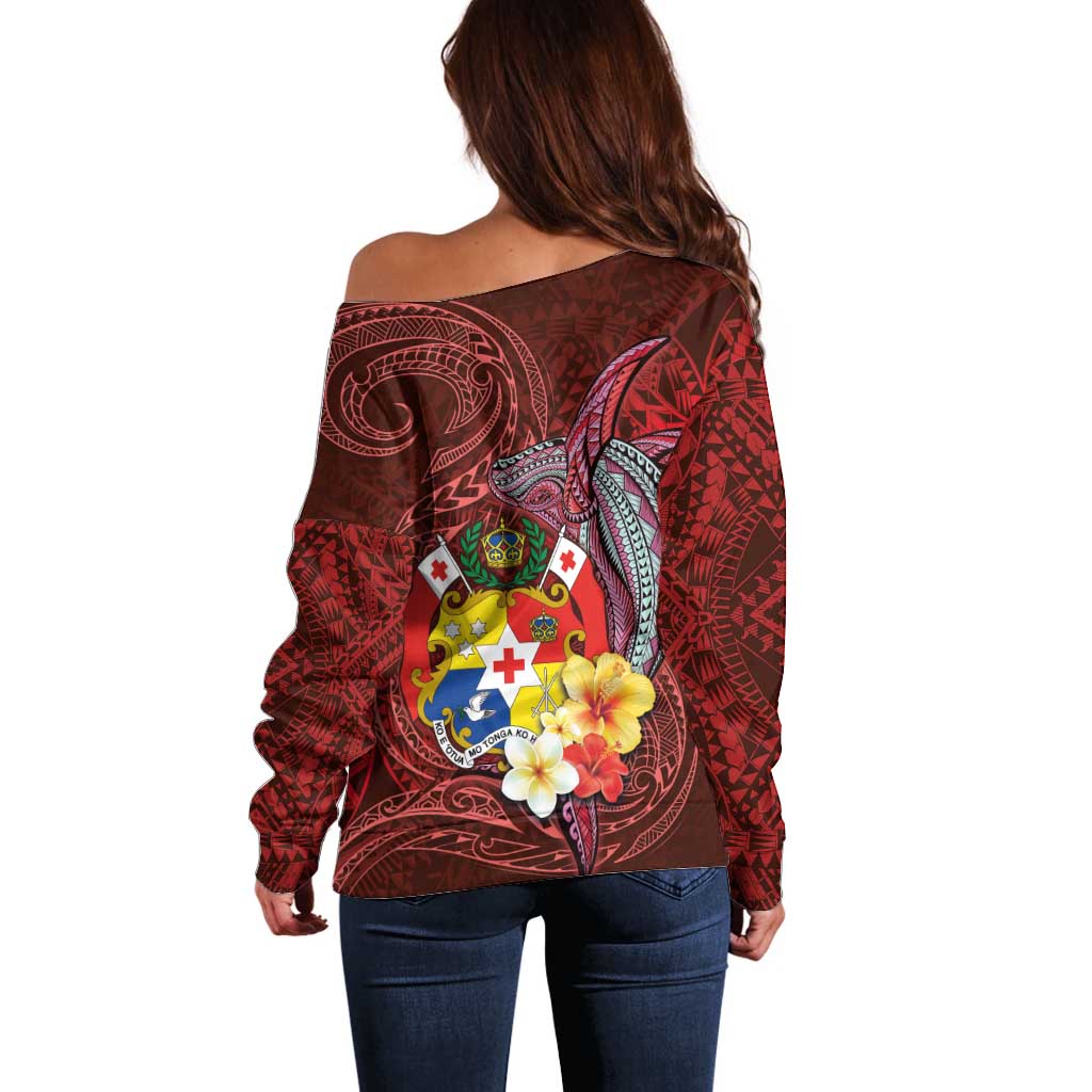Tonga Humpback Whale Off Shoulder Sweater National Seal with Hibiscus and Polynesian Tattoo LT03 - Polynesian Pride