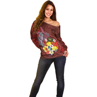 Tonga Humpback Whale Off Shoulder Sweater National Seal with Hibiscus and Polynesian Tattoo LT03 - Polynesian Pride