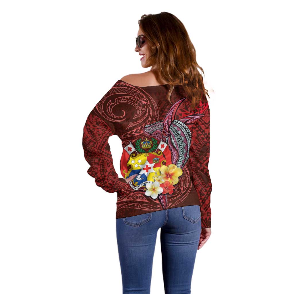 Tonga Humpback Whale Off Shoulder Sweater National Seal with Hibiscus and Polynesian Tattoo LT03 - Polynesian Pride
