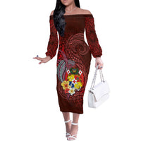 Tonga Humpback Whale Off The Shoulder Long Sleeve Dress National Seal with Hibiscus and Polynesian Tattoo LT03 Women Red - Polynesian Pride