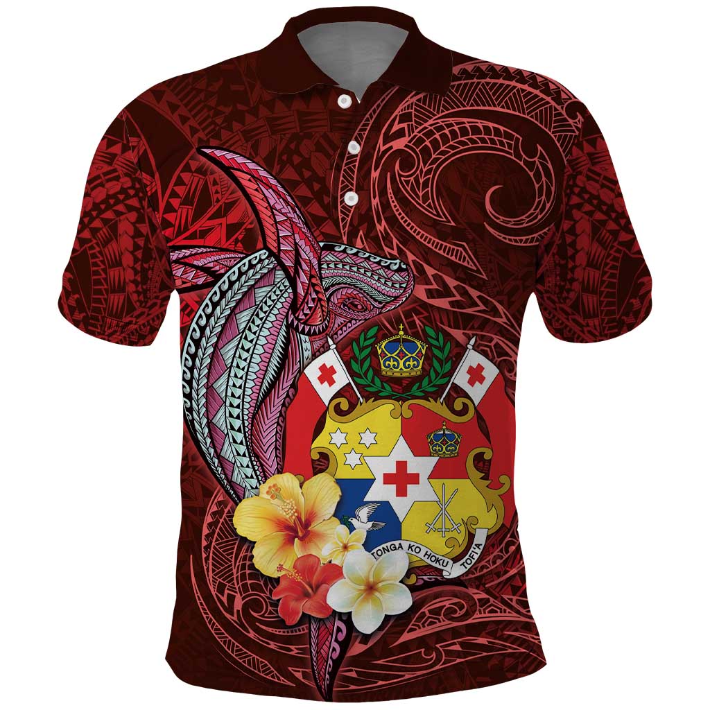Tonga Humpback Whale Polo Shirt National Seal with Hibiscus and Polynesian Tattoo LT03 Red - Polynesian Pride