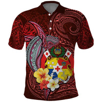 Tonga Humpback Whale Polo Shirt National Seal with Hibiscus and Polynesian Tattoo LT03 Red - Polynesian Pride