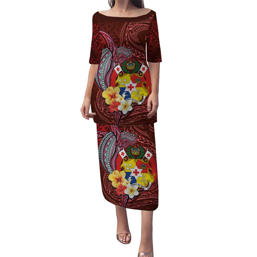 Tonga Humpback Whale Puletasi National Seal with Hibiscus and Polynesian Tattoo LT03 Long Dress Red - Polynesian Pride