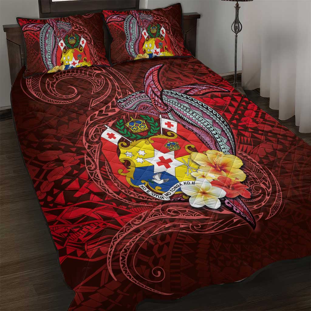 Tonga Humpback Whale Quilt Bed Set National Seal with Hibiscus and Polynesian Tattoo LT03 Red - Polynesian Pride