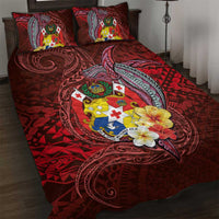 Tonga Humpback Whale Quilt Bed Set National Seal with Hibiscus and Polynesian Tattoo LT03 Red - Polynesian Pride