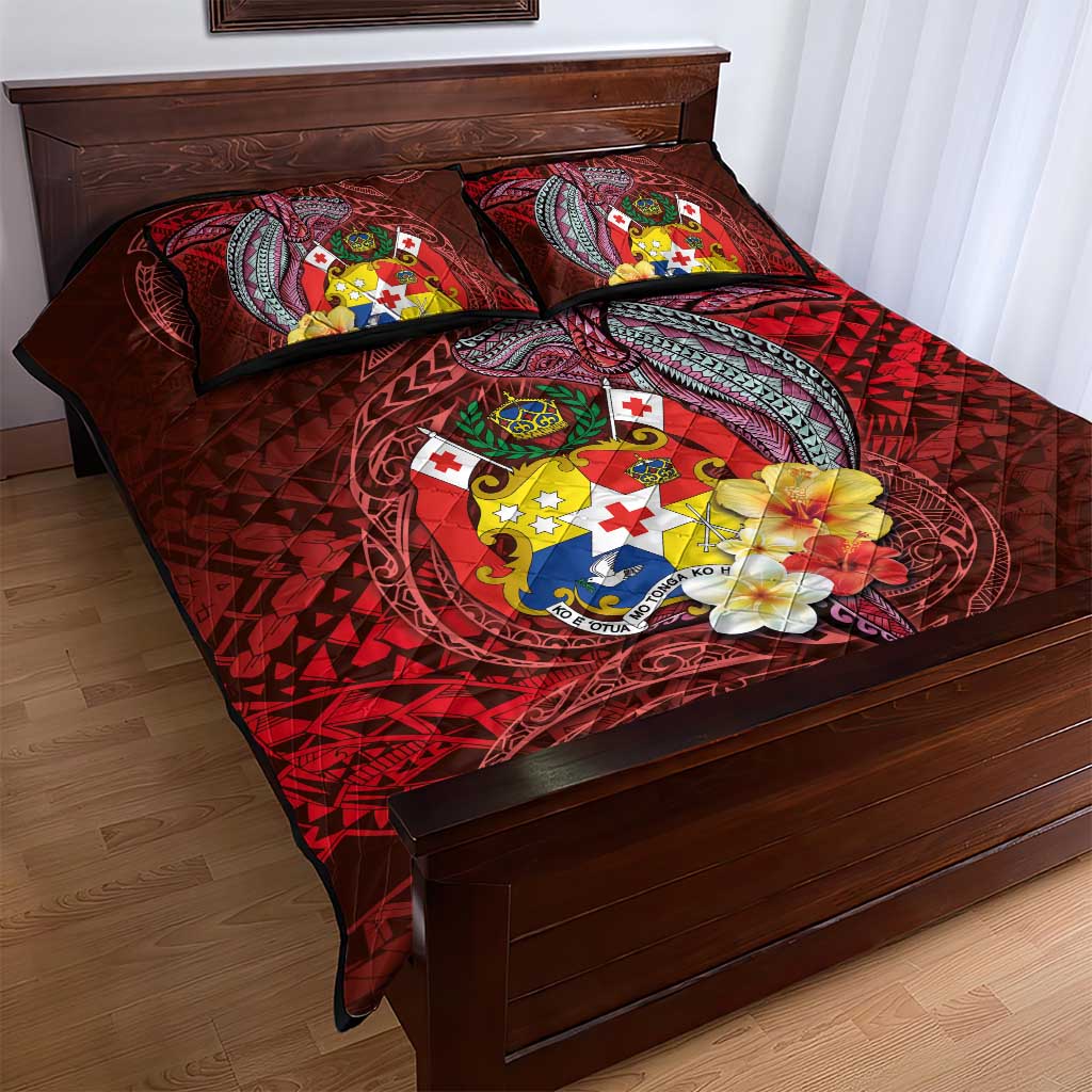 Tonga Humpback Whale Quilt Bed Set National Seal with Hibiscus and Polynesian Tattoo LT03 - Polynesian Pride