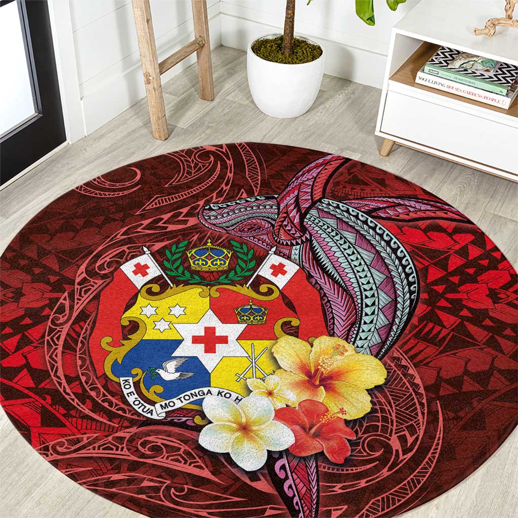 Tonga Humpback Whale Round Carpet National Seal with Hibiscus and Polynesian Tattoo LT03 Red - Polynesian Pride