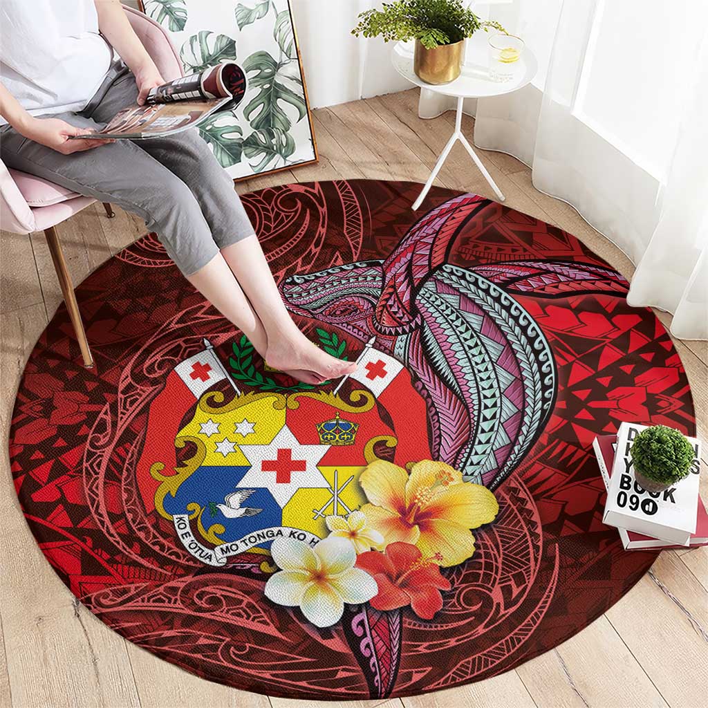 Tonga Humpback Whale Round Carpet National Seal with Hibiscus and Polynesian Tattoo LT03 - Polynesian Pride