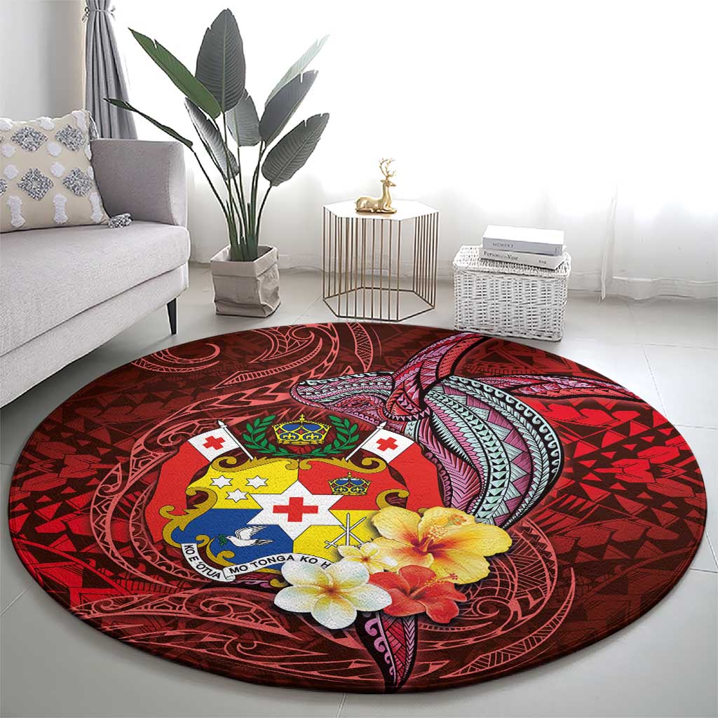 Tonga Humpback Whale Round Carpet National Seal with Hibiscus and Polynesian Tattoo LT03 - Polynesian Pride
