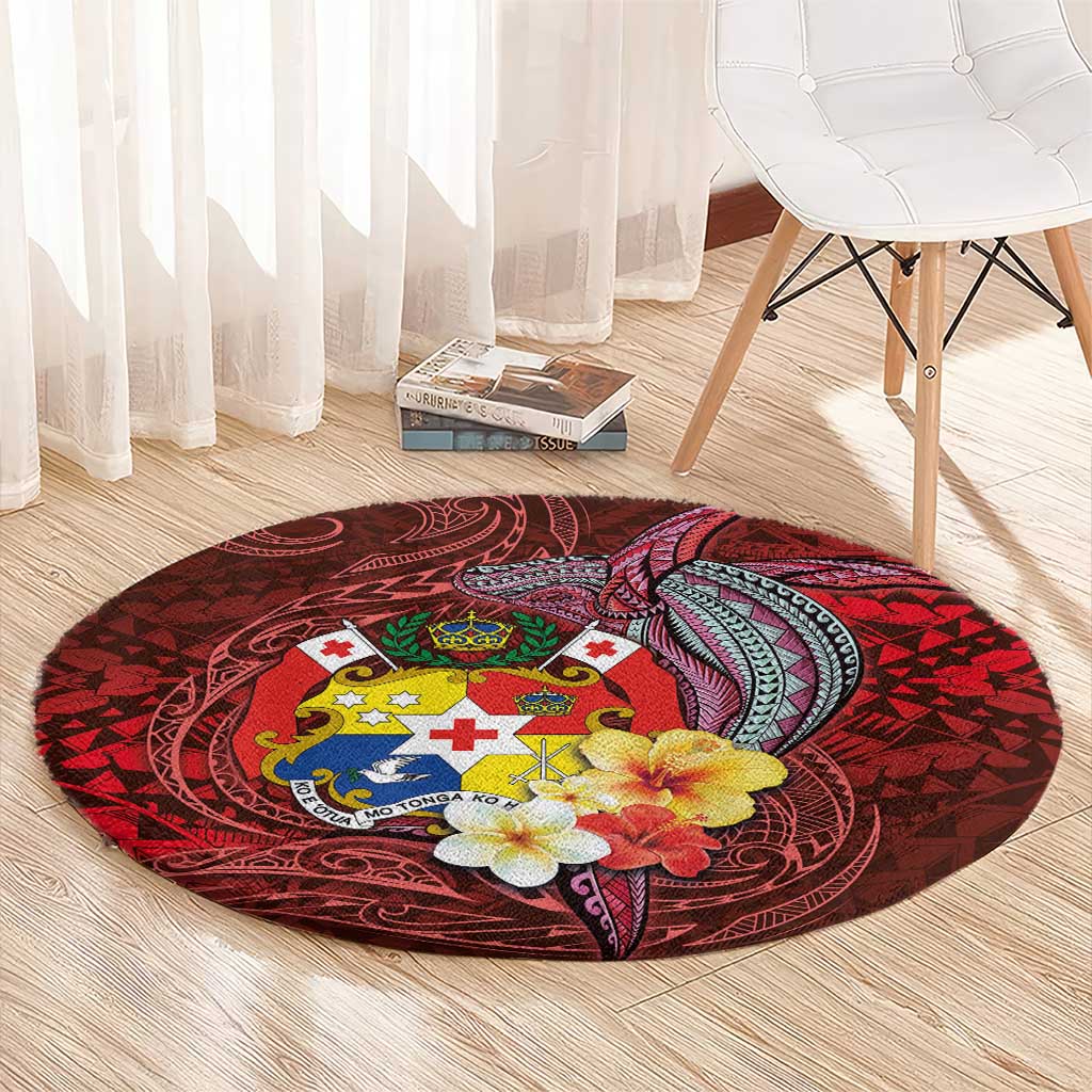 Tonga Humpback Whale Round Carpet National Seal with Hibiscus and Polynesian Tattoo LT03 - Polynesian Pride
