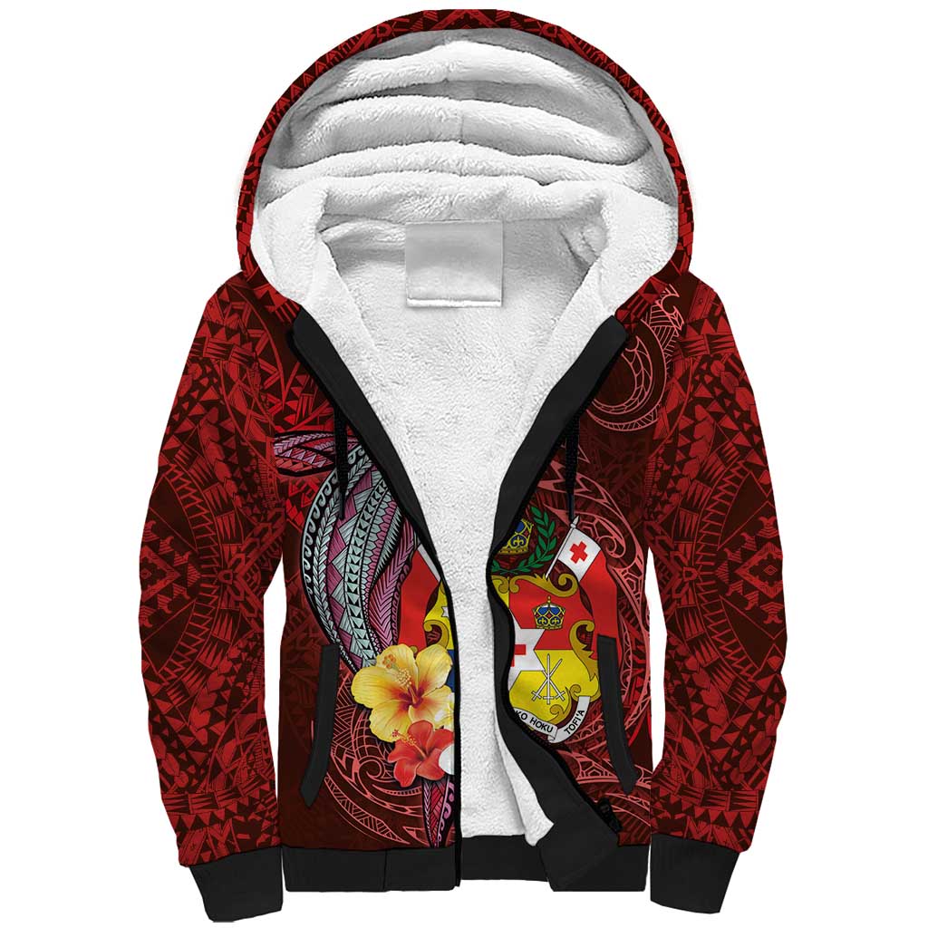Tonga Humpback Whale Sherpa Hoodie National Seal with Hibiscus and Polynesian Tattoo LT03 Unisex Red - Polynesian Pride