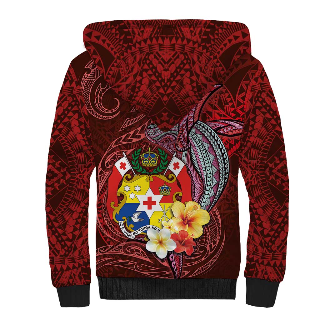 Tonga Humpback Whale Sherpa Hoodie National Seal with Hibiscus and Polynesian Tattoo LT03 - Polynesian Pride