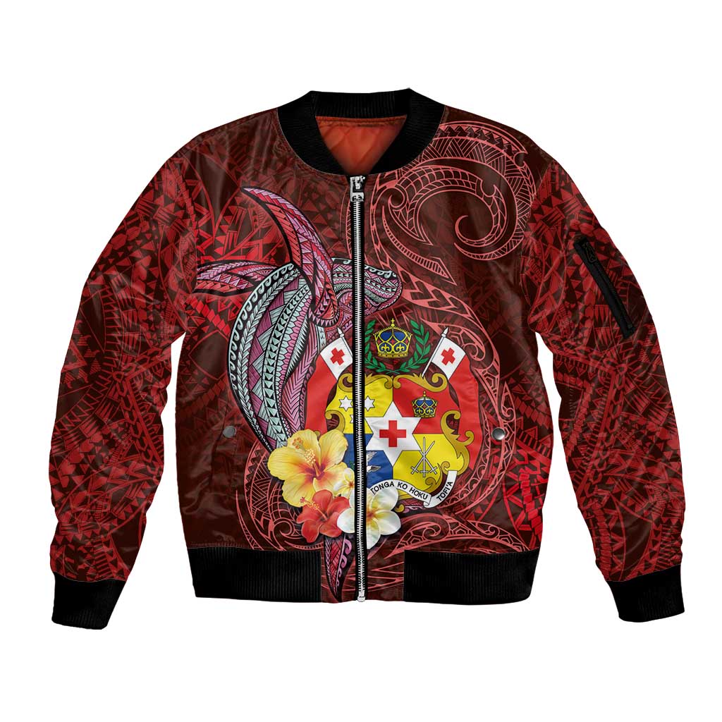 Tonga Humpback Whale Sleeve Zip Bomber Jacket National Seal with Hibiscus and Polynesian Tattoo LT03 Unisex Red - Polynesian Pride
