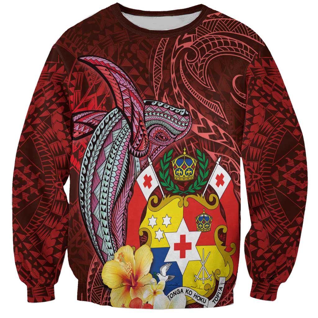 Tonga Humpback Whale Sweatshirt National Seal with Hibiscus and Polynesian Tattoo LT03 Unisex Red - Polynesian Pride