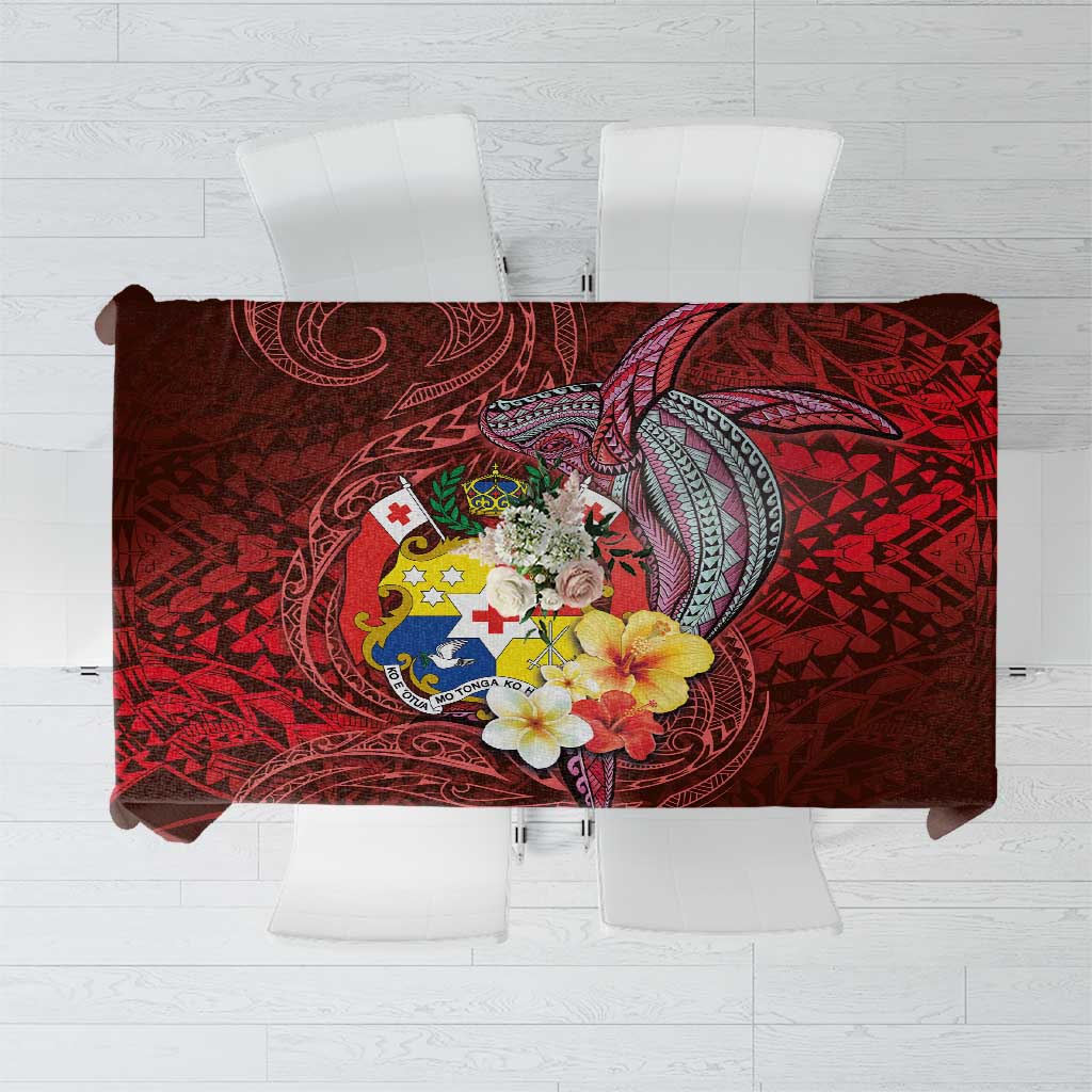 Tonga Humpback Whale Tablecloth National Seal with Hibiscus and Polynesian Tattoo LT03 Red - Polynesian Pride
