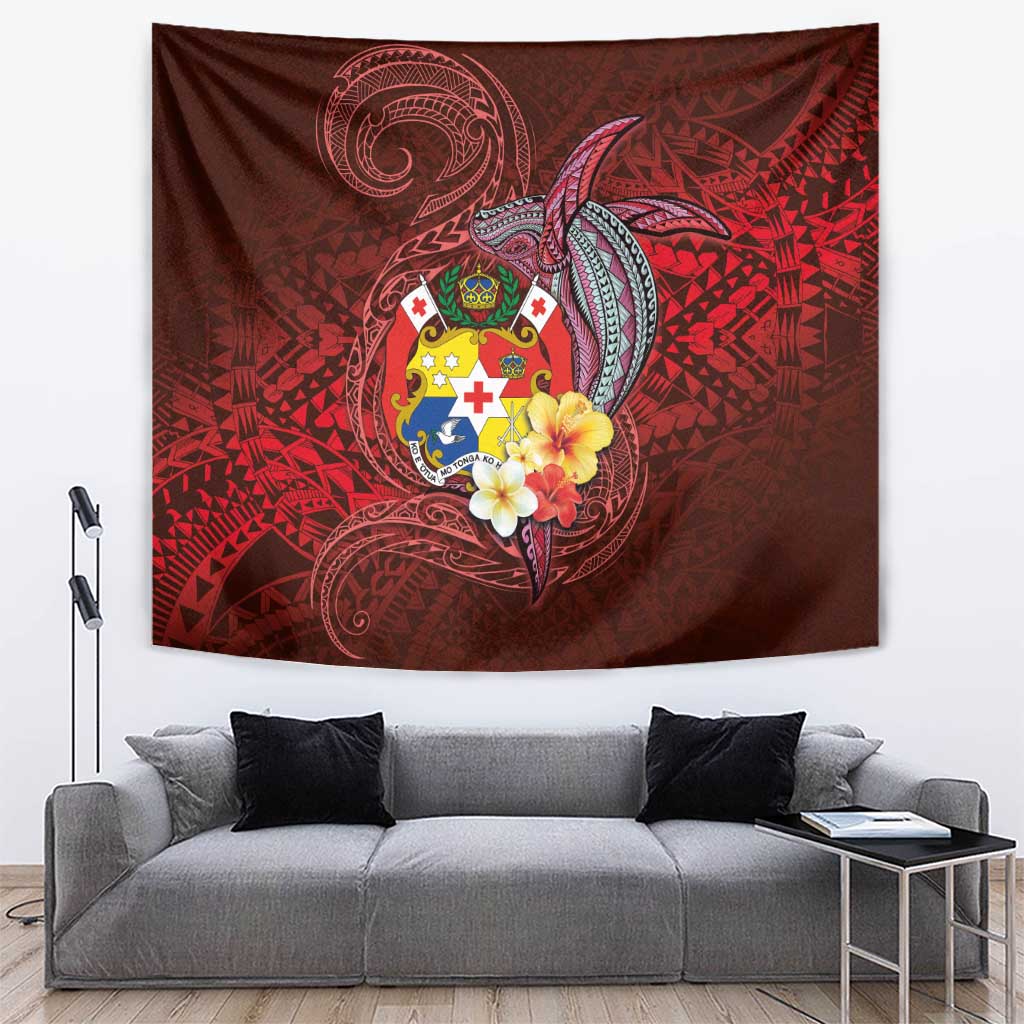 Tonga Humpback Whale Tapestry National Seal with Hibiscus and Polynesian Tattoo LT03 Red - Polynesian Pride
